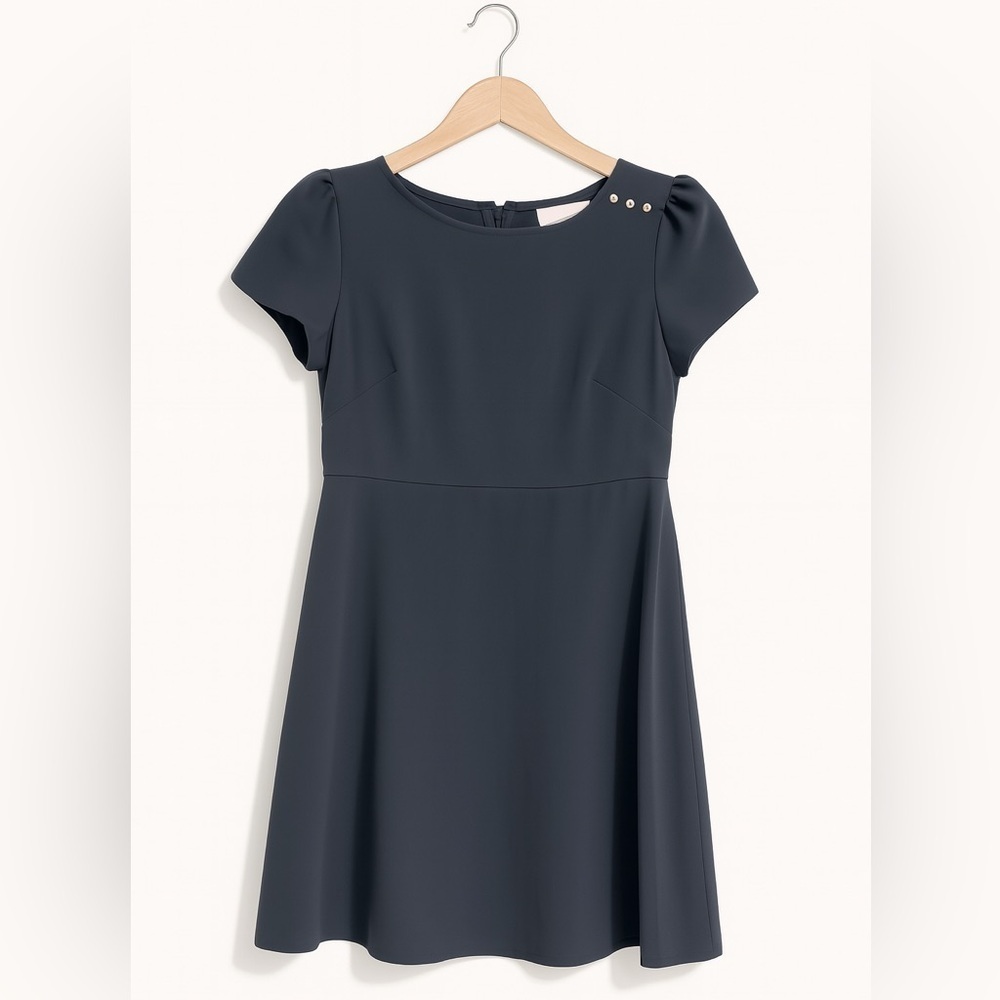 Ann Taylor Loft Gray A-Line Career Dress Size 2 Short Sleeve Button Detail